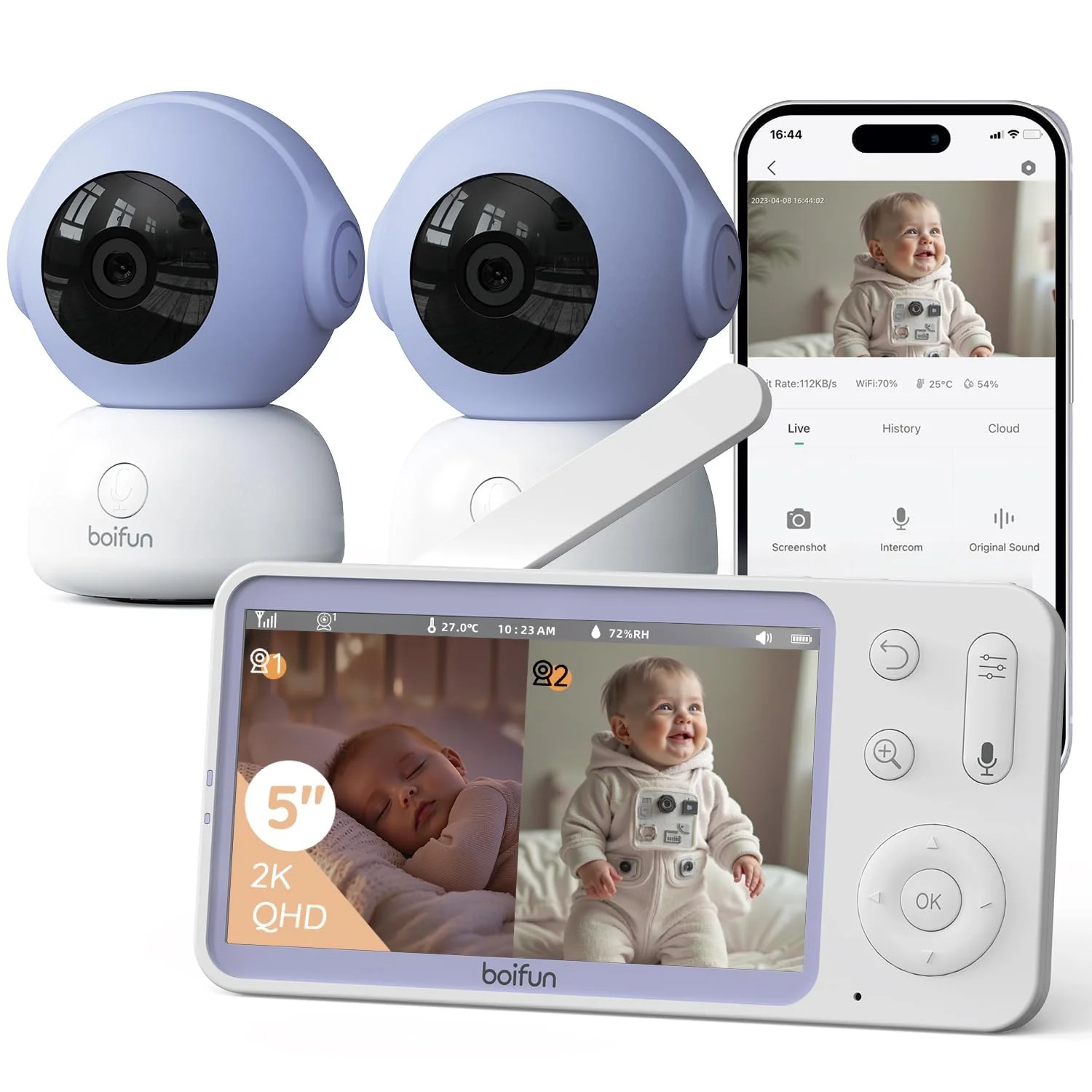 BOIFUN Vigilabebés 2 Cámaras WiFi 2K
